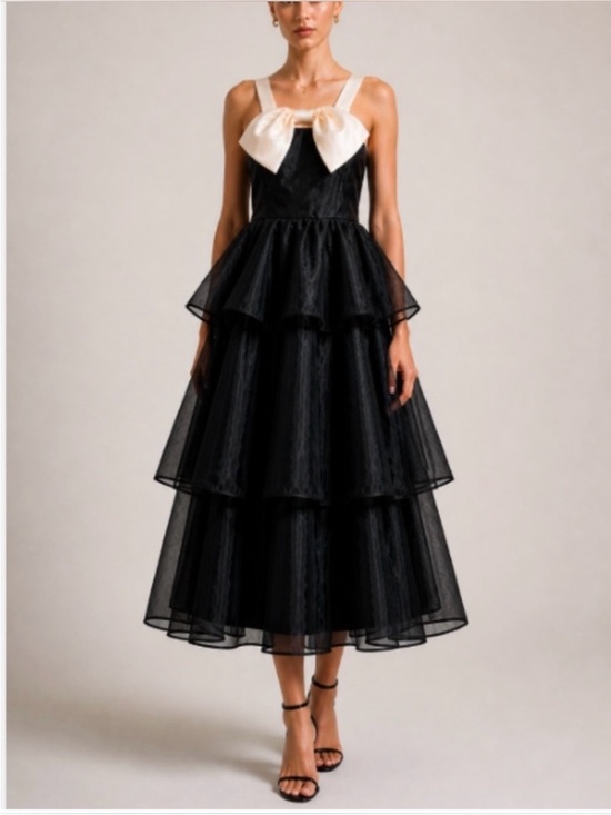 Lulus Dresses & Skirts - Lulu's Perfect Beauty Black Tiered Organza Midi Dress Blush Satin Bow Sz  XL NEW